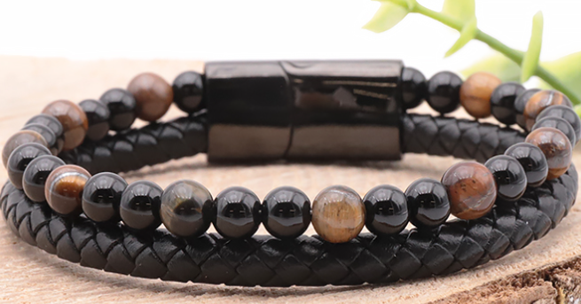 BRACELET ASKA CUIR NOIR OEIL DE TIGRE / ONYX
